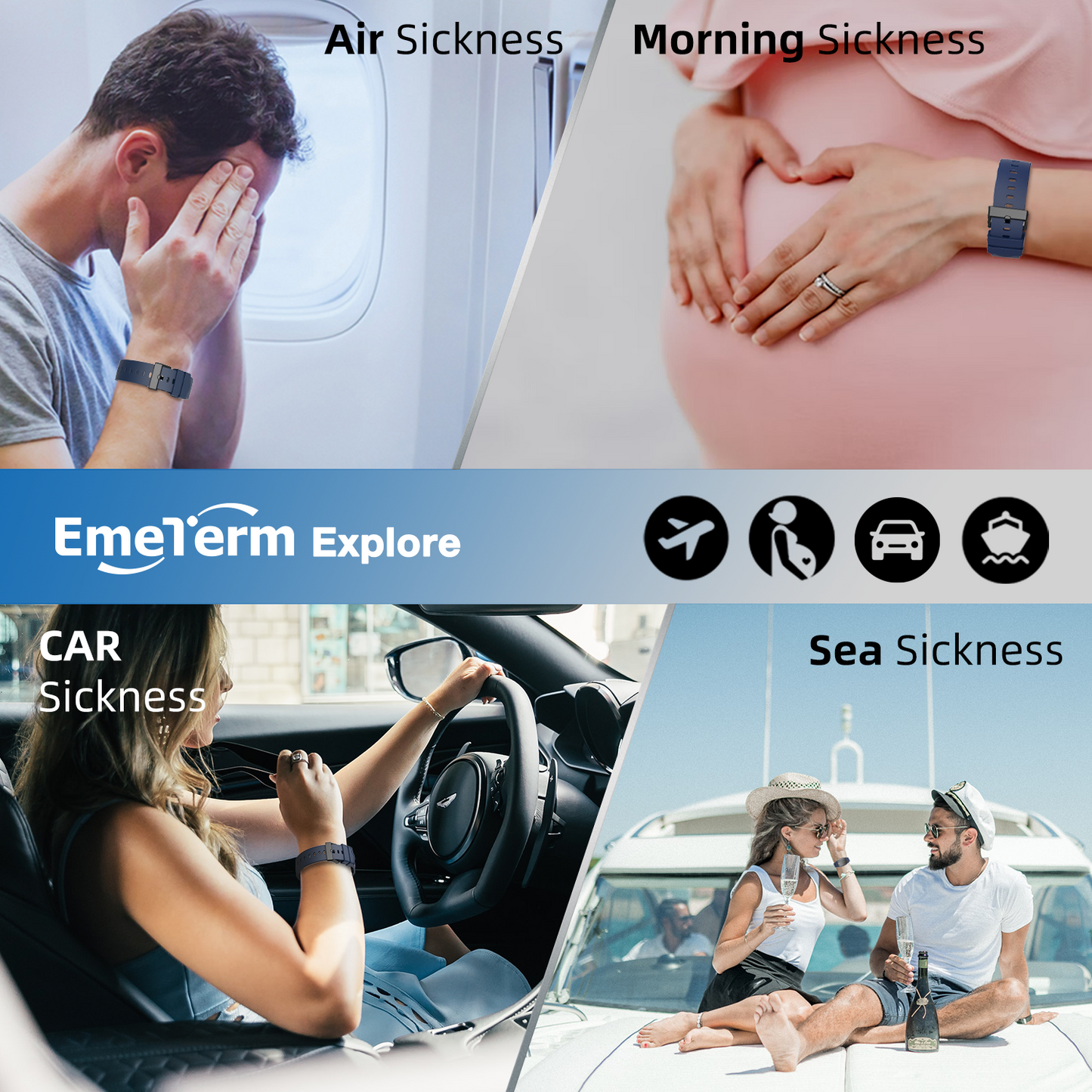 EmeTerm Explore Navy Blue Anti-Nausea Wristband IP67 Waterproof Morning Motion Travel Sickness Vomit Relief Rechargeable Classic Strap Design No Gel Drug Free Without Side Effects