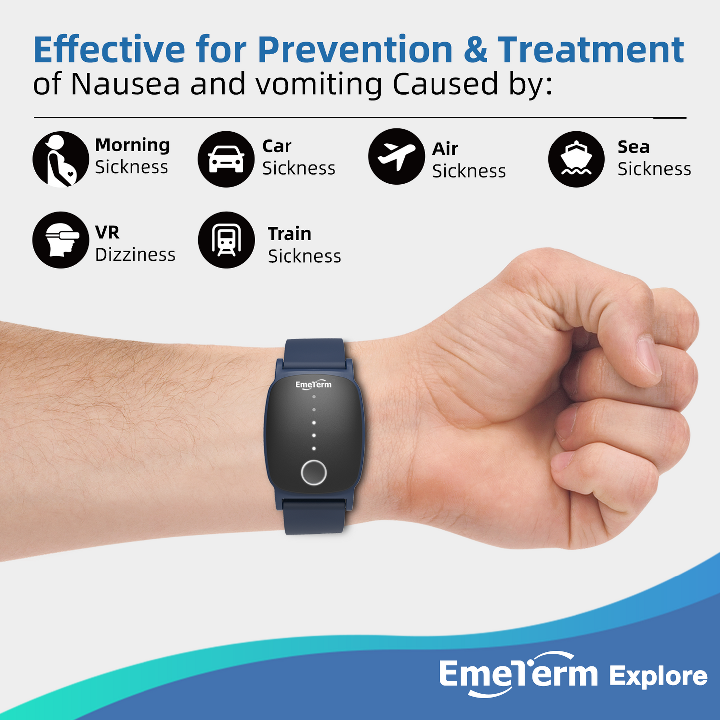 EmeTerm Explore Navy Blue Anti-Nausea Wristband IP67 Waterproof Morning Motion Travel Sickness Vomit Relief Rechargeable Classic Strap Design No Gel Drug Free Without Side Effects